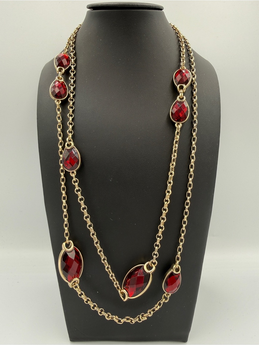 Gold Tone Red Faceted Station Long Chain Necklace Oval Teardrop Accents